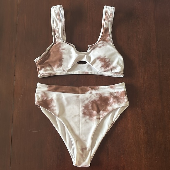 Brand New Tie Dye High Waisted Bikini Set White Brown 2-Piece Swimwear Bra Cups - Picture 6 of 16